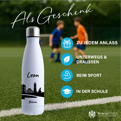 Trinkflasche in Weiß 500ml aus Edelstahl bedruckt mit der Skyline von Büsum personalisierbar mit Wunschname