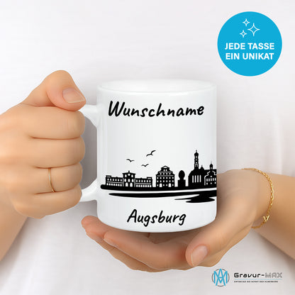 Tasse in Weiß 330ml bedruckt mit der Skyline von Augsburg personalisierbar mit Wunschname
