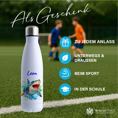 Thermoflasche 500ml in Weiß bedruckt mit tollen Motiven für Kinder "Hai" personalisierbar mit Wunschname
