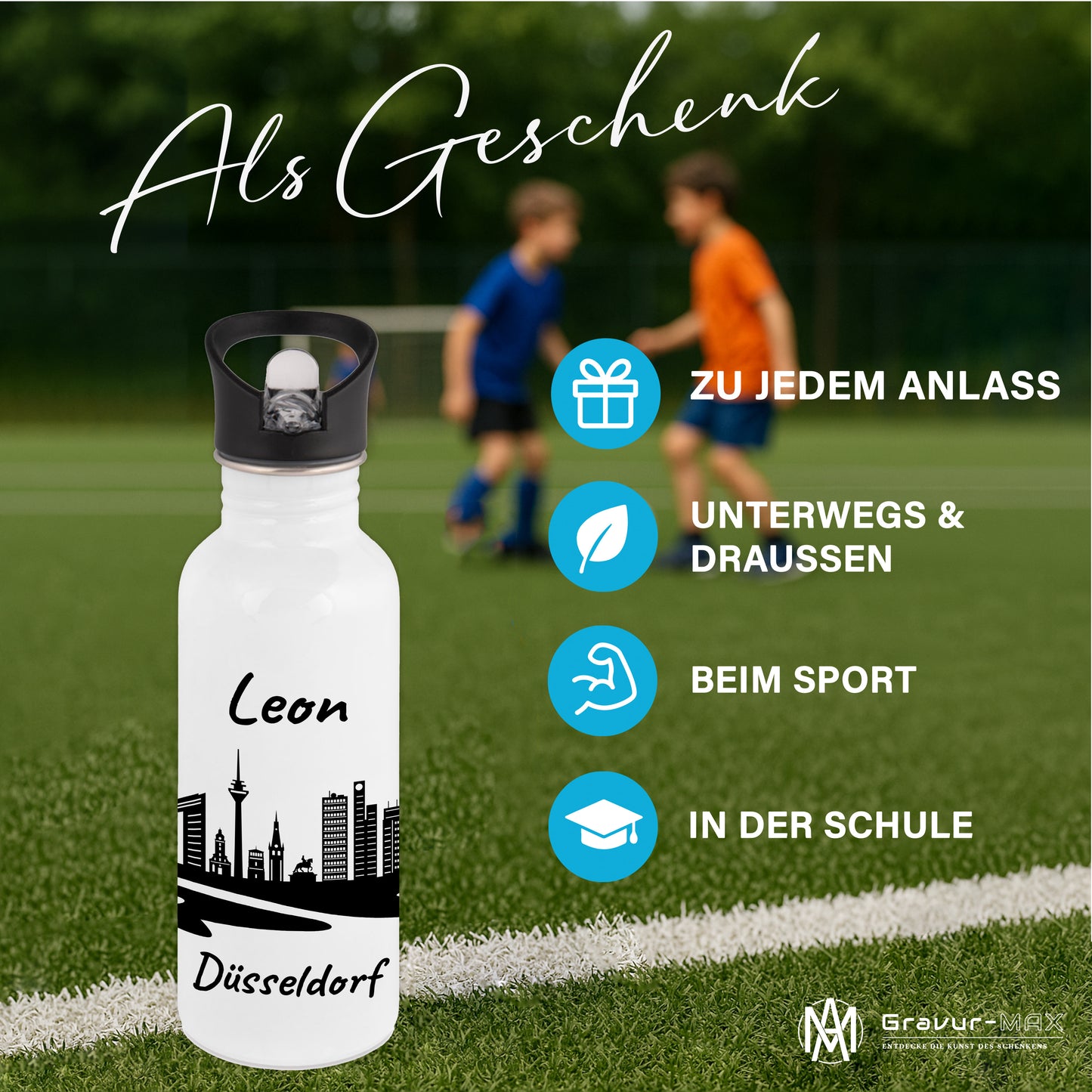 Trinkflasche in Weiß 600ml aus Edelstahl bedruckt mit der Skyline von Düsseldorf personalisierbar mit Wunschname
