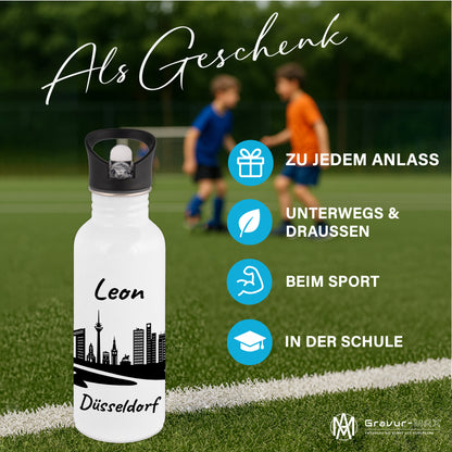 Trinkflasche in Weiß 600ml aus Edelstahl bedruckt mit der Skyline von Düsseldorf personalisierbar mit Wunschname
