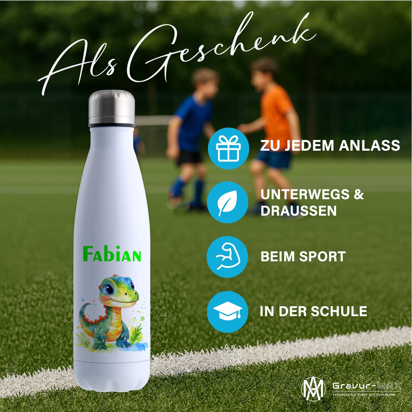 Thermoflasche 500ml in Weiß bedruckt mit tollen Motiven für Kinder "Dino Kinder" personalisierbar mit Wunschname