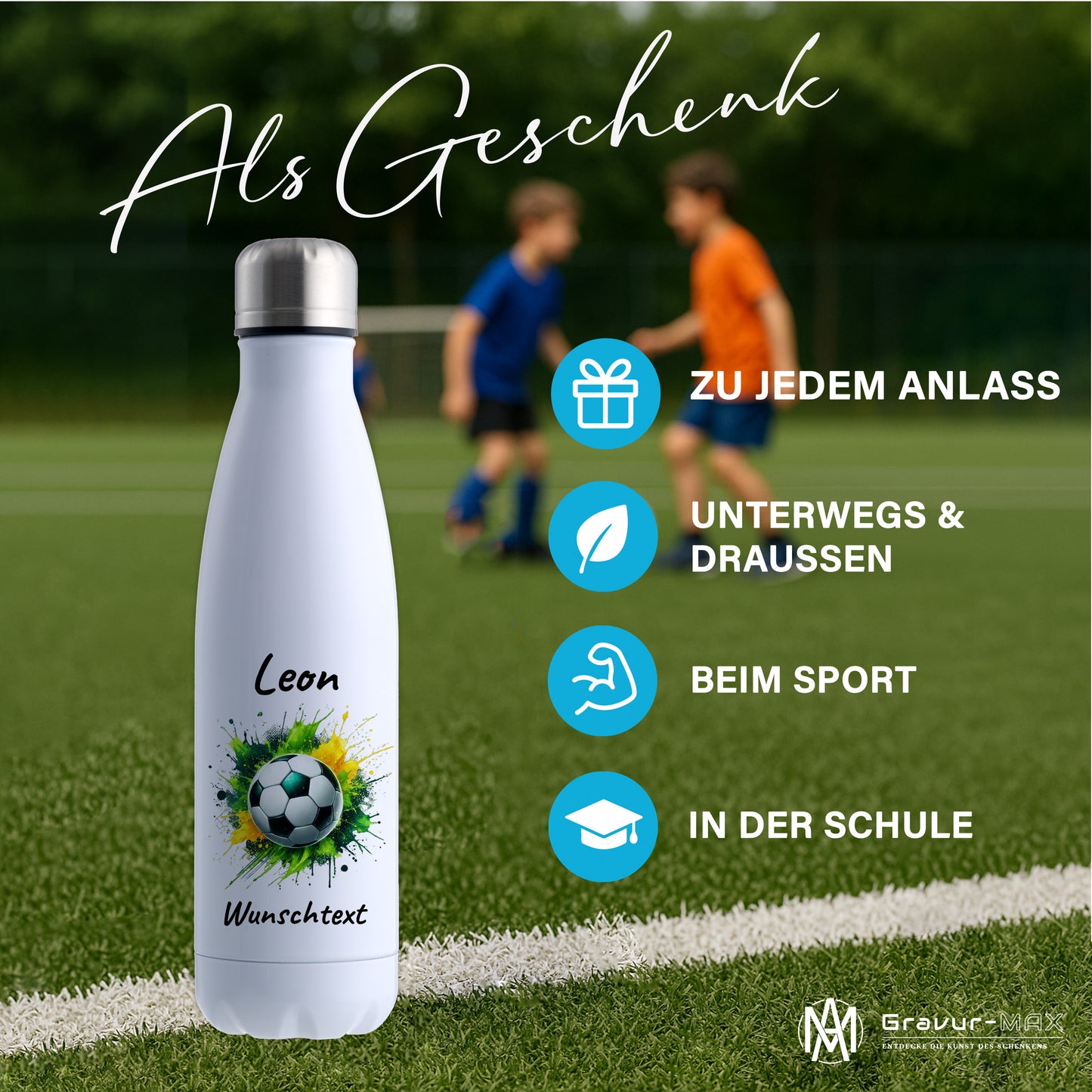 Thermoflasche 500ml in Weiß aus Edelstahl bedruckt "Fußball" Motiv11 personalisierbar mit Wunschname & Text