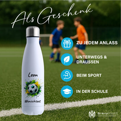 Thermoflasche 500ml in Weiß aus Edelstahl bedruckt "Fußball" Motiv11 personalisierbar mit Wunschname & Text