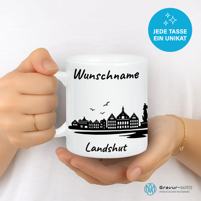 Tasse in Weiß 330ml bedruckt mit der Skyline von Landshut personalisierbar mit Wunschname