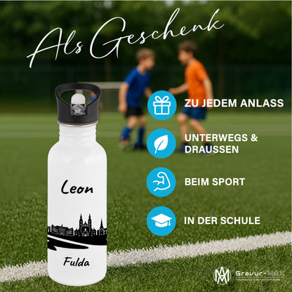 Trinkflasche in Weiß 600ml aus Edelstahl bedruckt mit der Skyline von Fulda personalisierbar mit Wunschname