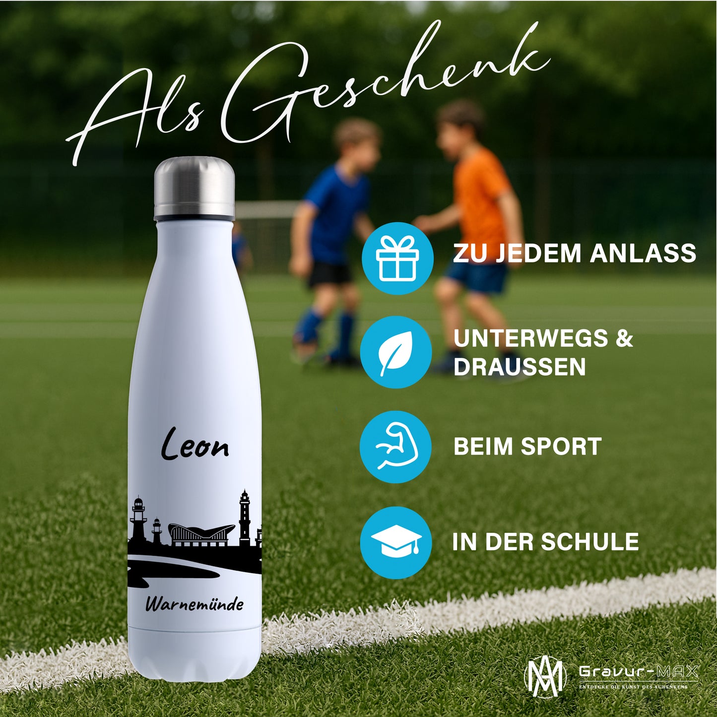 Trinkflasche in Weiß 500ml aus Edelstahl bedruckt mit der Skyline von Warnemünde personalisierbar mit Wunschname