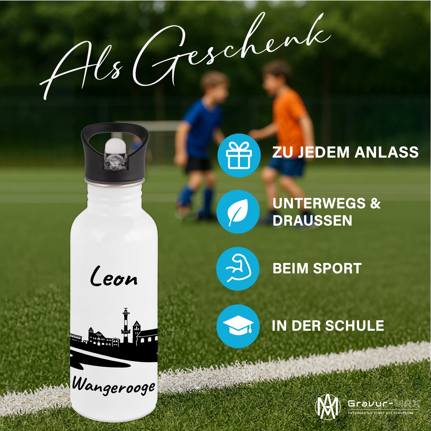 Trinkflasche in Weiß 600ml aus Edelstahl bedruckt mit der Skyline von Wangerooge personalisierbar mit Wunschname