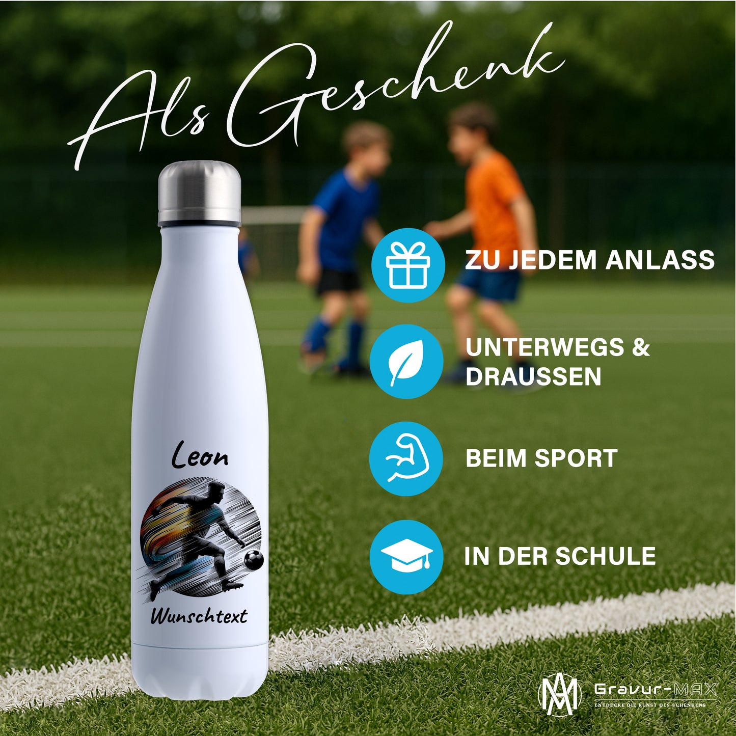 Thermoflasche 500ml in Weiß aus Edelstahl bedruckt "Fußball" Motiv2 personalisierbar mit Wunschname & Text