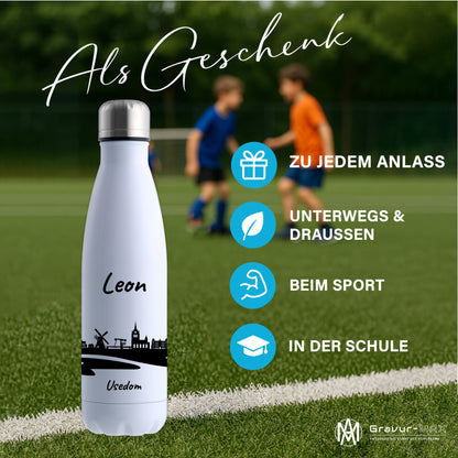 Trinkflasche in Weiß 500ml aus Edelstahl bedruckt mit der Skyline von Usedom personalisierbar mit Wunschname