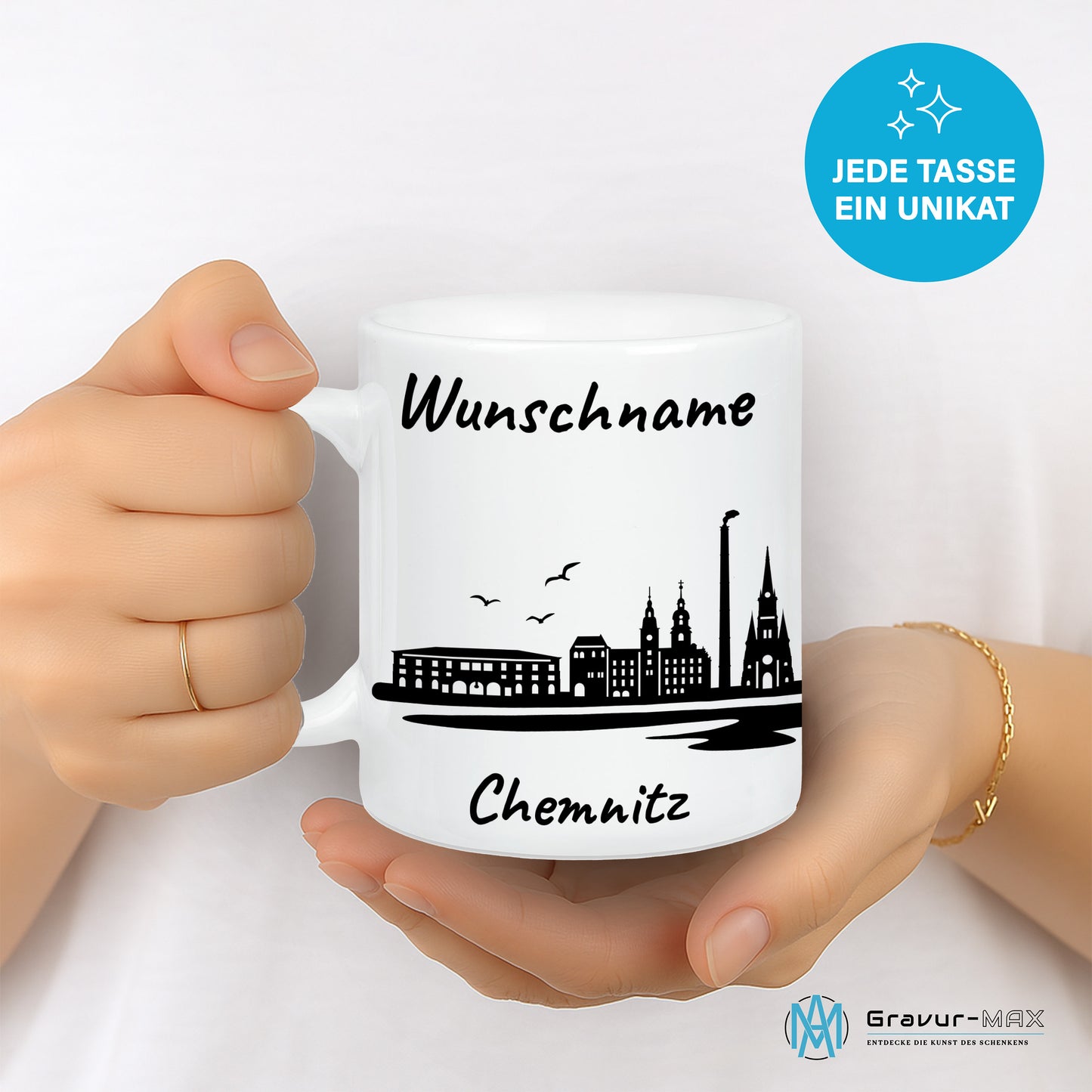 Tasse in Weiß 330ml bedruckt mit der Skyline von Chemnitz personalisierbar mit Wunschname