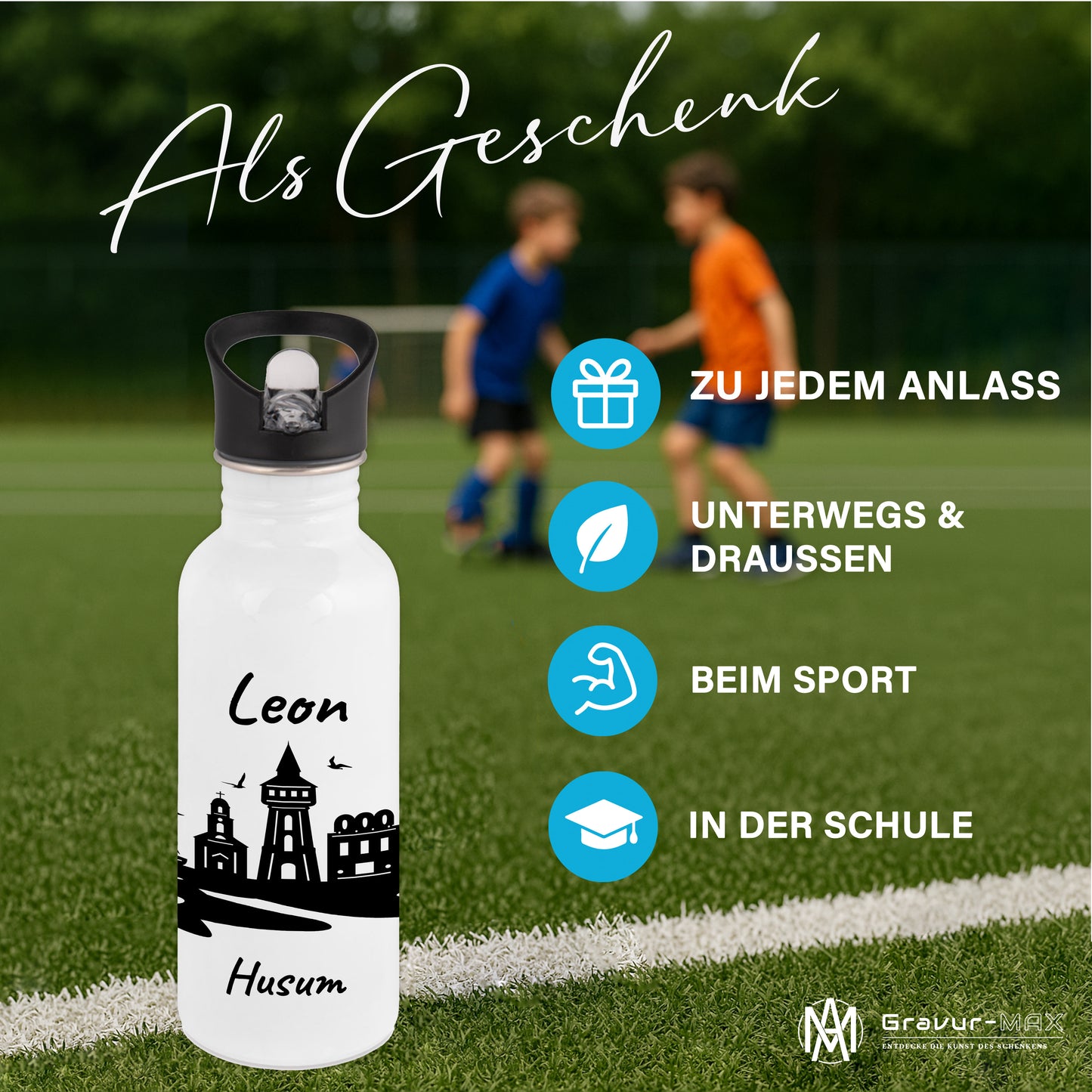 Trinkflasche in Weiß 600ml aus Edelstahl bedruckt mit der Skyline von Husum personalisierbar mit Wunschname