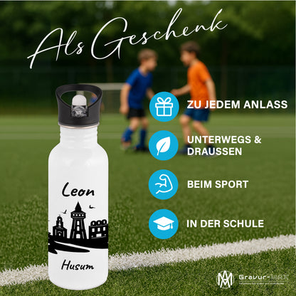 Trinkflasche in Weiß 600ml aus Edelstahl bedruckt mit der Skyline von Husum personalisierbar mit Wunschname