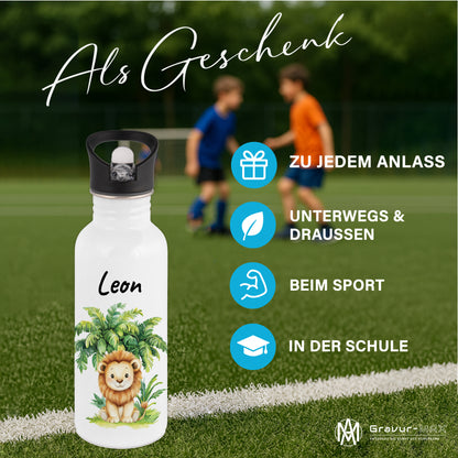 Trinkflasche mit Strohhalm in Weiß 600ml bedruckt mit Dschungel Tieren"Löwe" personalisierbar für Kinder mit Wunschname aus Edelstahl