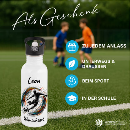 Trinkflasche mit Strohhalm in Weiß 600ml bedruckt mit Fußball Motiven"Motiv1" personalisierbar für Kinder mit Wunschname aus Edelstahl