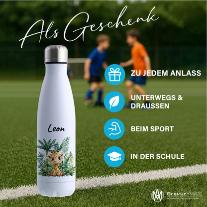 Trinkflasche in Weiß 500ml aus Edelstahl bedruckt mit Dschungel Tieren"Giraffe" personalisierbar für Kinder mit Wunschname