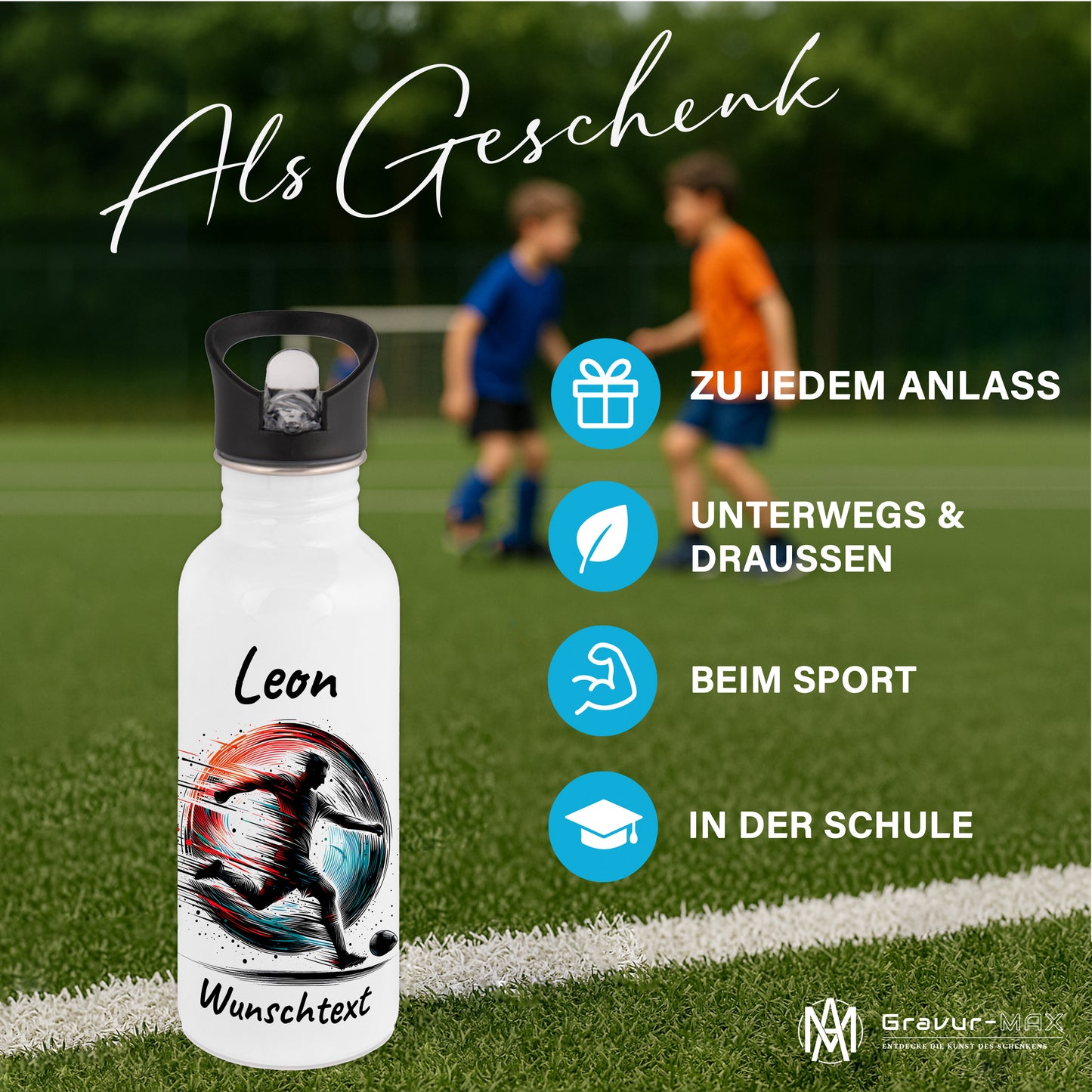 Trinkflasche mit Strohhalm in Weiß 600ml bedruckt mit Fußball Motiven"Motiv3" personalisierbar für Kinder mit Wunschname aus Edelstahl