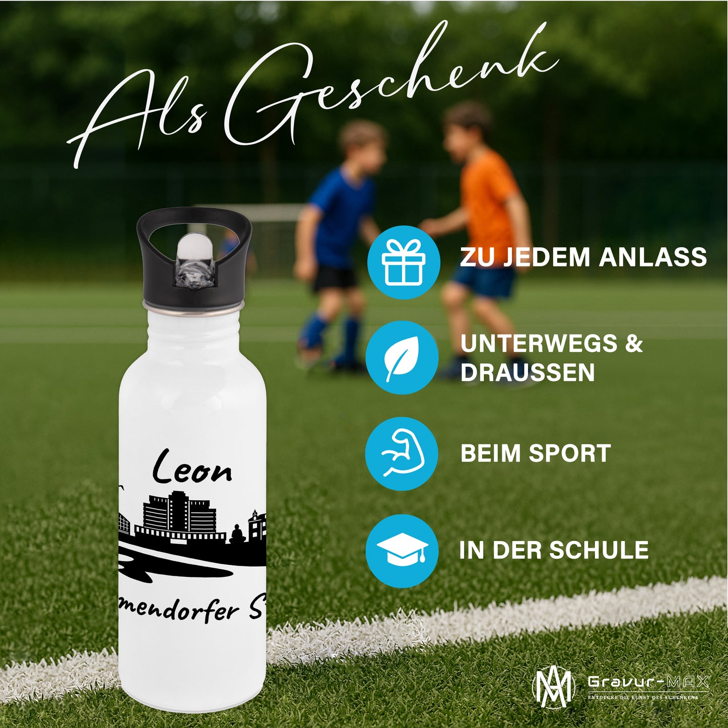 Trinkflasche in Weiß 600ml aus Edelstahl bedruckt mit der Skyline von Timmendorfer Strand personalisierbar mit Wunschname