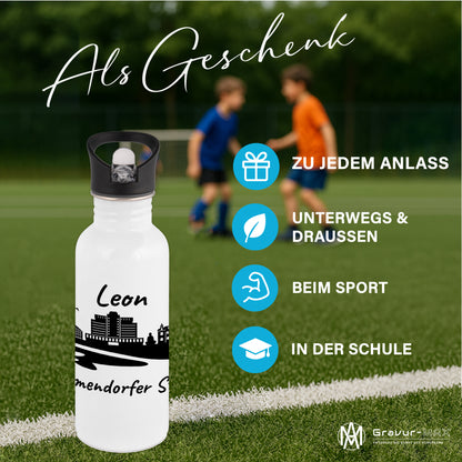 Trinkflasche in Weiß 600ml aus Edelstahl bedruckt mit der Skyline von Timmendorfer Strand personalisierbar mit Wunschname