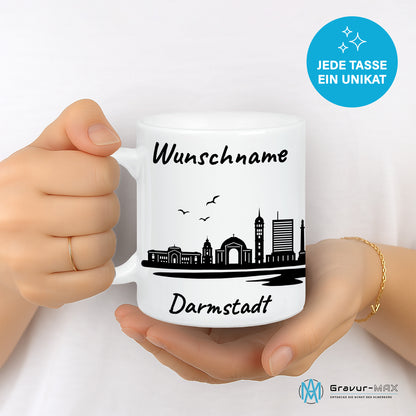 Tasse in Weiß 330ml bedruckt mit der Skyline von Darmstadt personalisierbar mit Wunschname