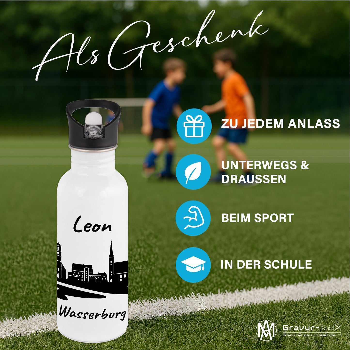 Trinkflasche in Weiß 600ml aus Edelstahl bedruckt mit der Skyline von Wasserburg personalisierbar mit Wunschname