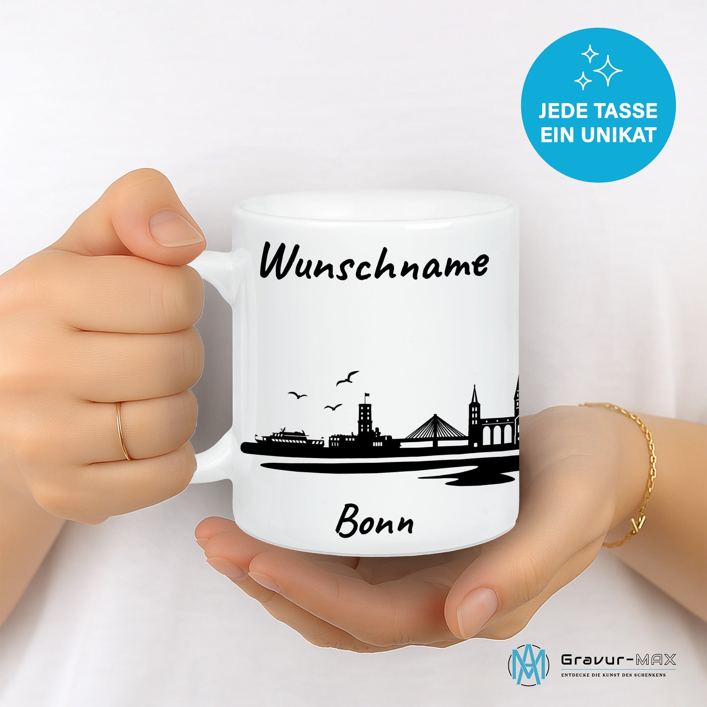 Tasse in Weiß 330ml bedruckt mit der Skyline von Bonn personalisierbar mit Wunschname