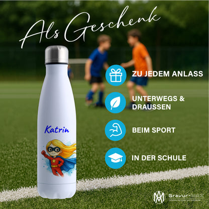 Thermoflasche 500ml in Weiß bedruckt mit tollen Motiven für Kinder "Superheldin" personalisierbar mit Wunschname