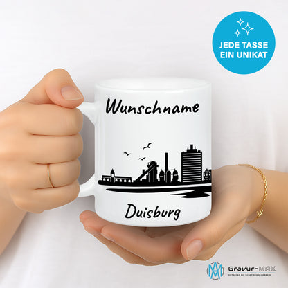 Tasse in Weiß 330ml bedruckt mit der Skyline von Duisburg personalisierbar mit Wunschname