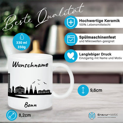 Tasse in Weiß 330ml bedruckt mit der Skyline von Bonn personalisierbar mit Wunschname
