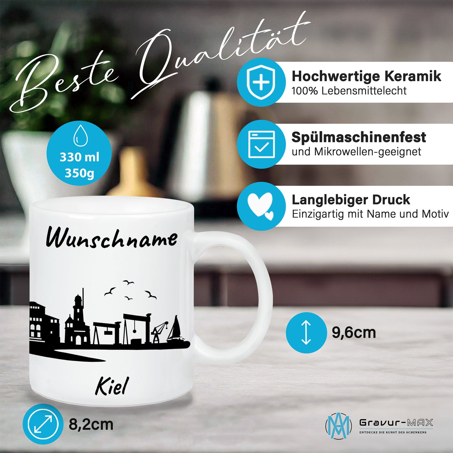 Tasse in Weiß 330ml bedruckt mit der Skyline von Kiel personalisierbar mit Wunschname