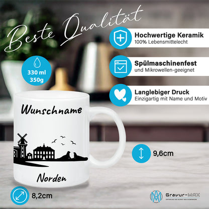 Tasse in Weiß 330ml bedruckt mit der Skyline von Norden personalisierbar mit Wunschname