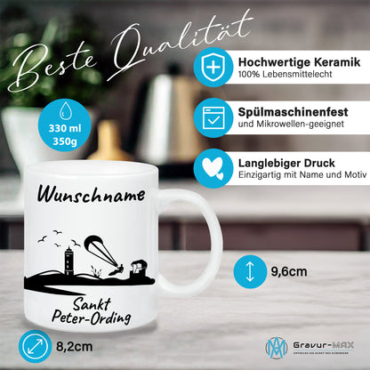 Tasse in Weiß 330ml bedruckt mit der Skyline von Sankt Peter-Ording personalisierbar mit Wunschname
