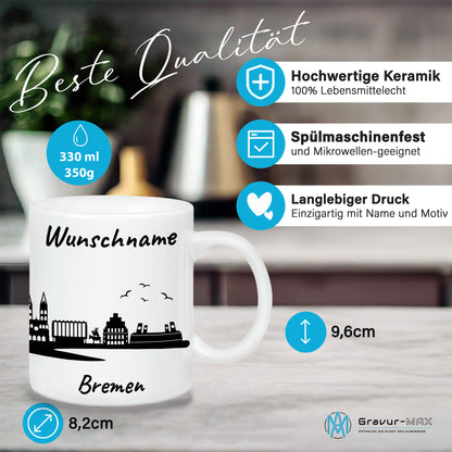 Tasse in Weiß 330ml bedruckt mit der Skyline von Bremen personalisierbar mit Wunschname