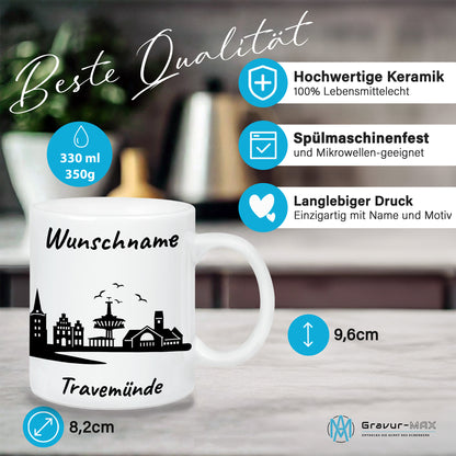 Tasse in Weiß 330ml bedruckt mit der Skyline von Travemünde personalisierbar mit Wunschname