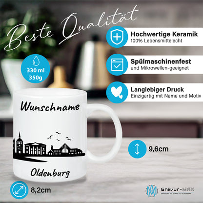 Tasse in Weiß 330ml bedruckt mit der Skyline von Oldenburg personalisierbar mit Wunschname