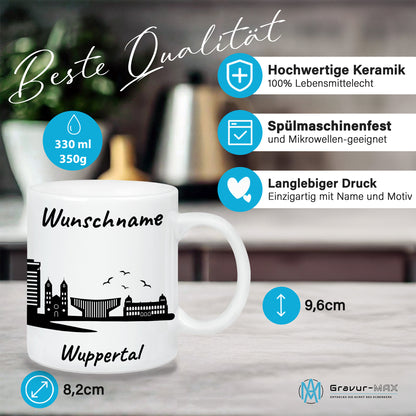 Tasse in Weiß 330ml bedruckt mit der Skyline von Wuppertal personalisierbar mit Wunschname