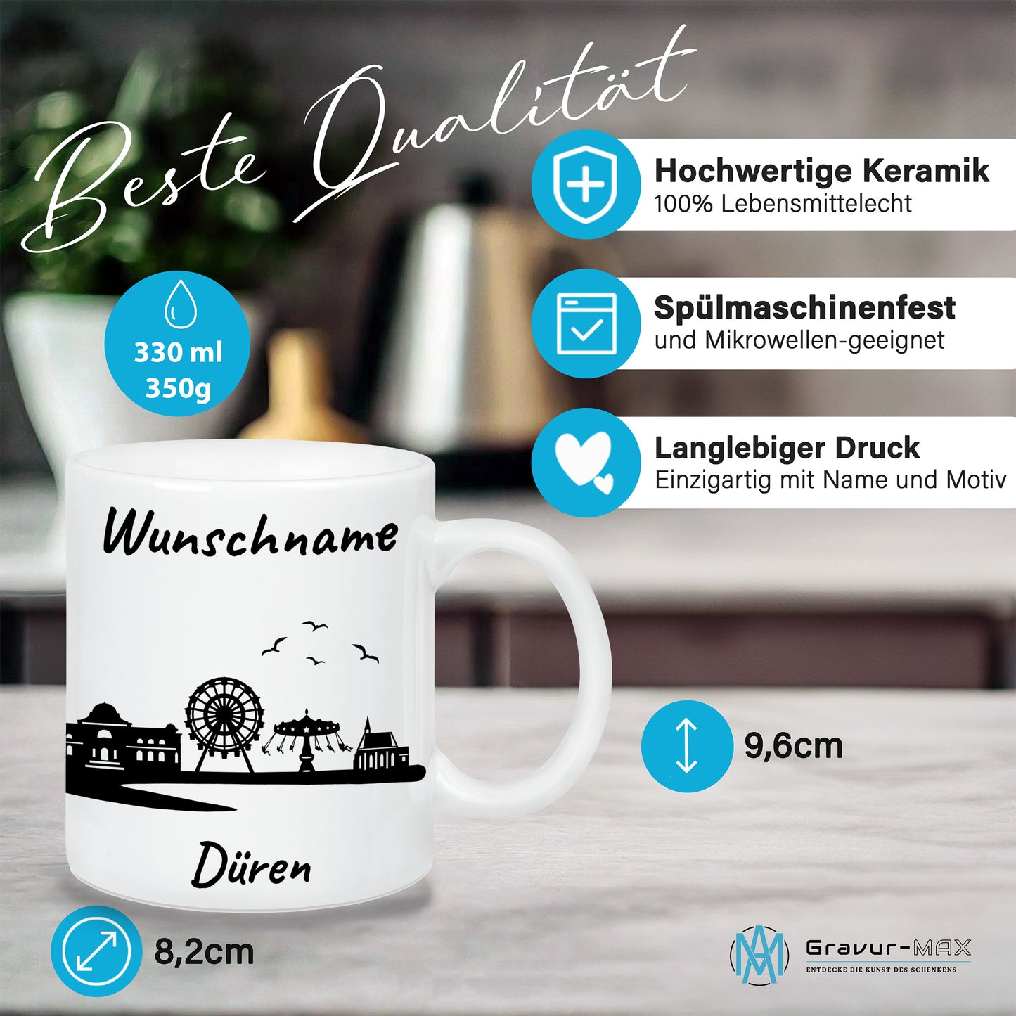 Tasse in Weiß 330ml bedruckt mit der Skyline von Düren personalisierbar mit Wunschname
