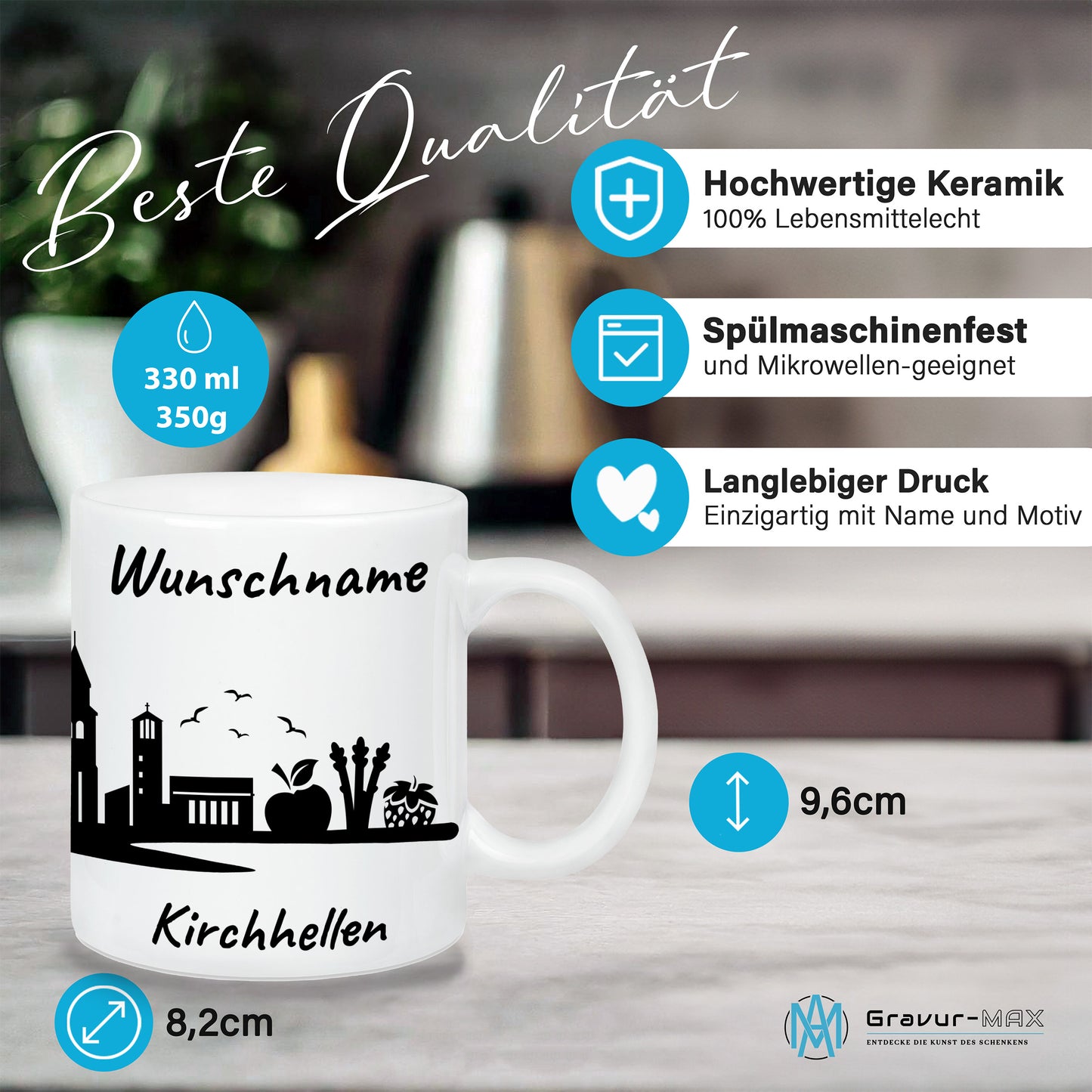 Tasse in Weiß 330ml bedruckt mit der Skyline von Kirchhellen personalisierbar mit Wunschname