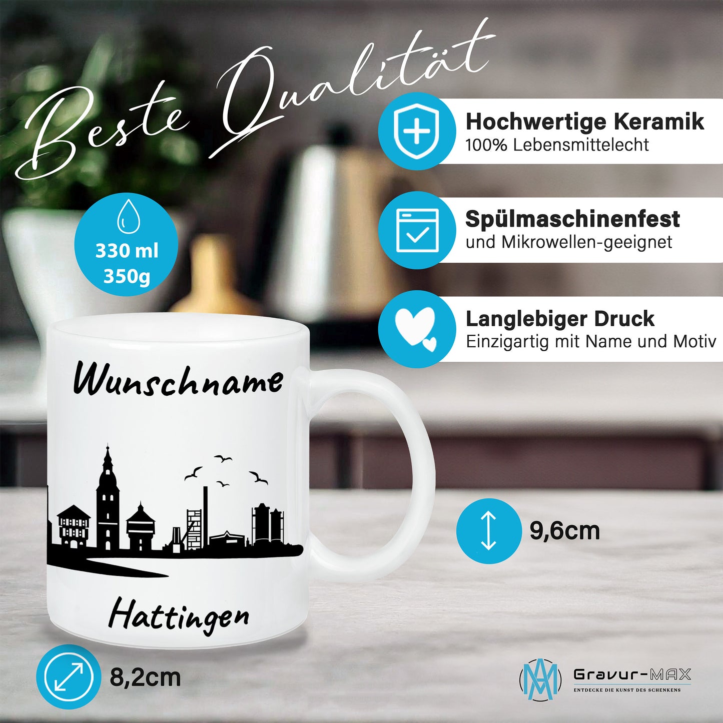 Tasse in Weiß 330ml bedruckt mit der Skyline von Hattingen personalisierbar mit Wunschname