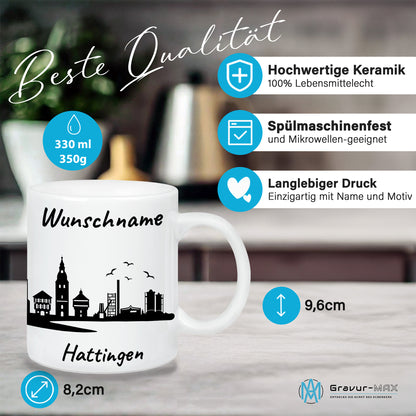 Tasse in Weiß 330ml bedruckt mit der Skyline von Hattingen personalisierbar mit Wunschname
