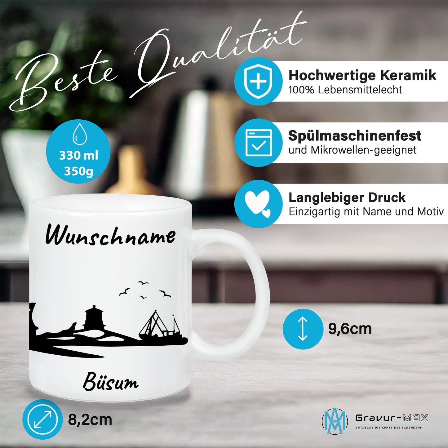 Tasse in Weiß 330ml bedruckt mit der Skyline von Büsum personalisierbar mit Wunschname