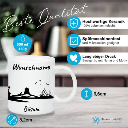 Tasse in Weiß 330ml bedruckt mit der Skyline von Büsum personalisierbar mit Wunschname