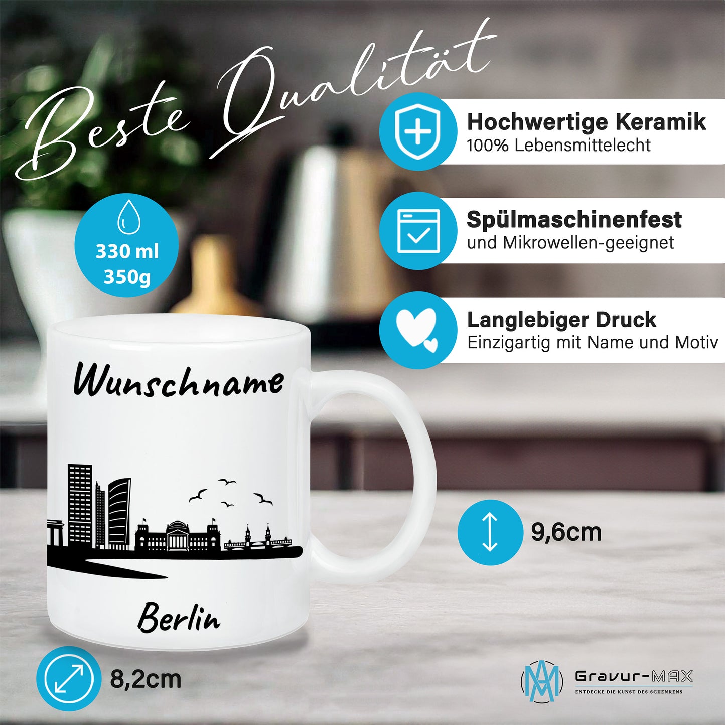 Tasse in Weiß 330ml bedruckt mit der Skyline von Berlin personalisierbar mit Wunschname