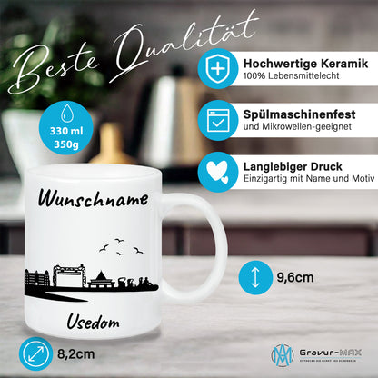 Tasse in Weiß 330ml bedruckt mit der Skyline von Usedom personalisierbar mit Wunschname