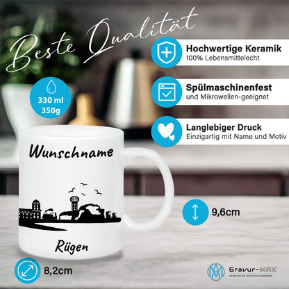 Tasse in Weiß 330ml bedruckt mit der Skyline von Rügen personalisierbar mit Wunschname