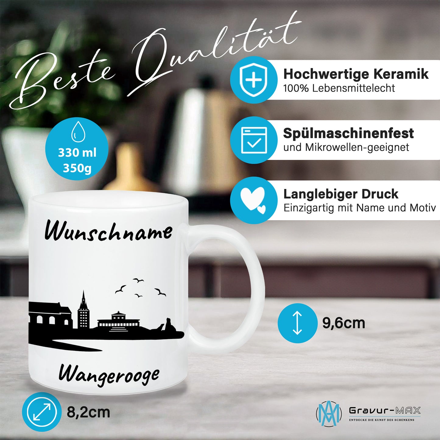 Tasse in Weiß 330ml bedruckt mit der Skyline von Wangerooge personalisierbar mit Wunschname