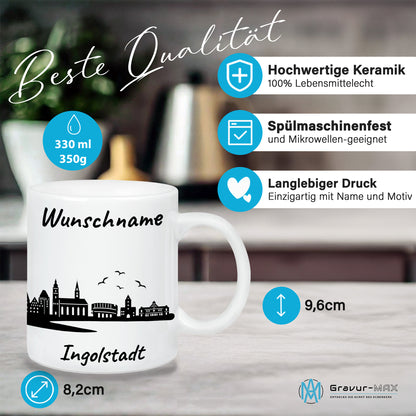 Tasse in Weiß 330ml bedruckt mit der Skyline von Ingolstadt personalisierbar mit Wunschname