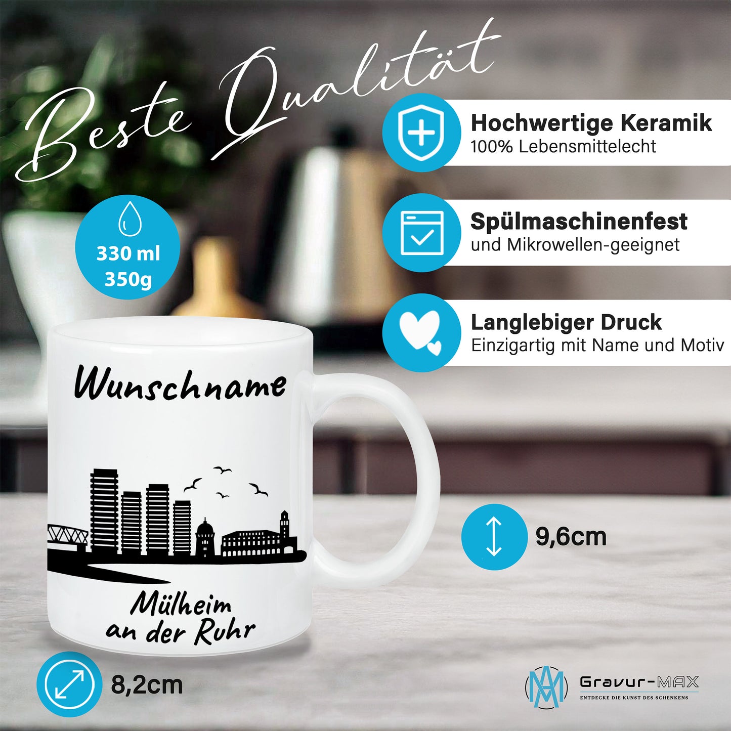 Tasse in Weiß 330ml bedruckt mit der Skyline von Mülheim an der Ruhr personalisierbar mit Wunschname