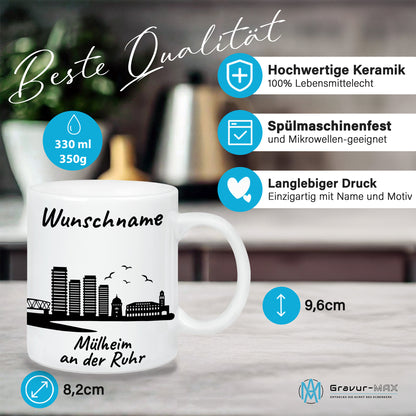 Tasse in Weiß 330ml bedruckt mit der Skyline von Mülheim an der Ruhr personalisierbar mit Wunschname