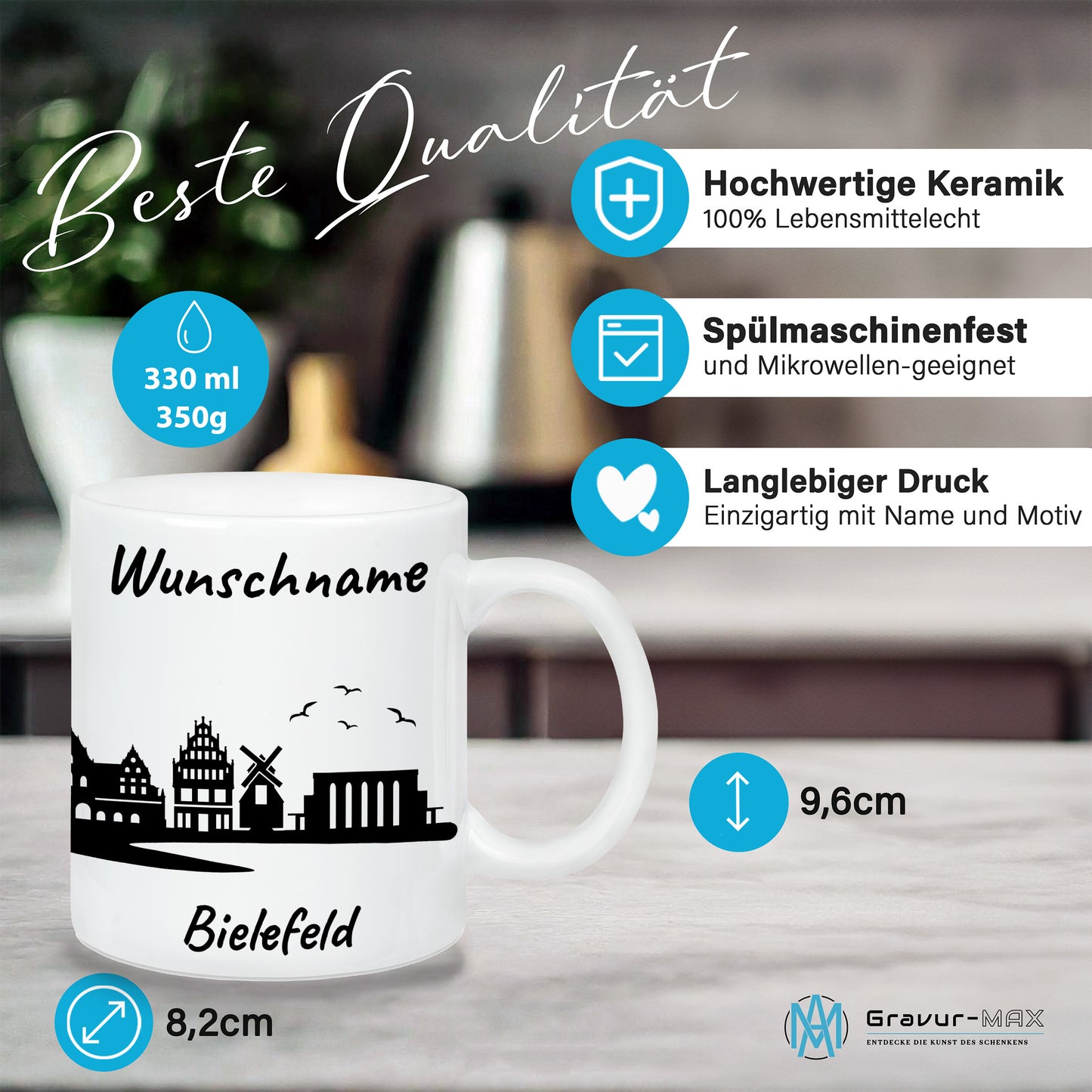 Tasse in Weiß 330ml bedruckt mit der Skyline von Bielefeld personalisierbar mit Wunschname